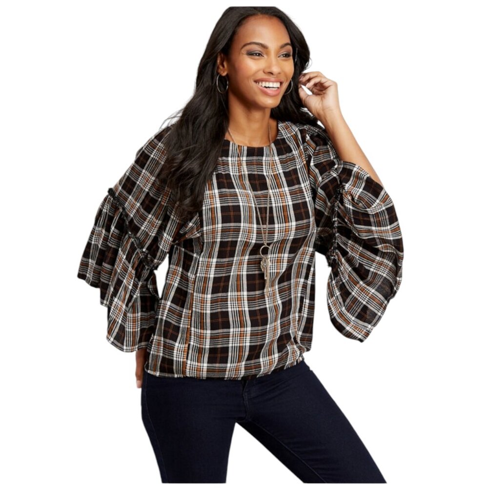 Maurices Puff Bell Sleeves Plaid Blouse